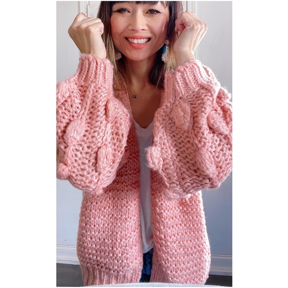 #33 Cozy Pink Oversized Open Front Pom Pom Cardigan - Picture 5 of 6